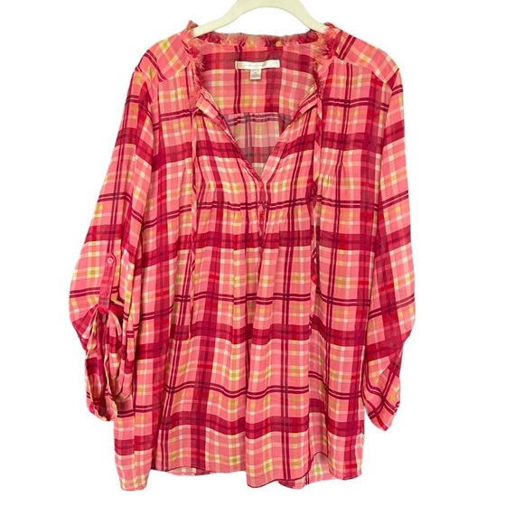 LC Lauren Conrad Tops - LC Lauren Conrad plaid semi sheer blouse tab sleeve size Xl